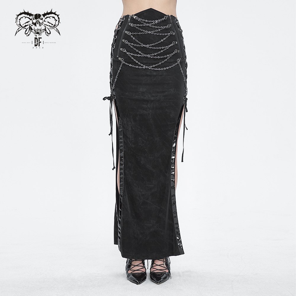 Devil Fashion - Punk high-waisted with split side seams Maxi Long Skirt - Black